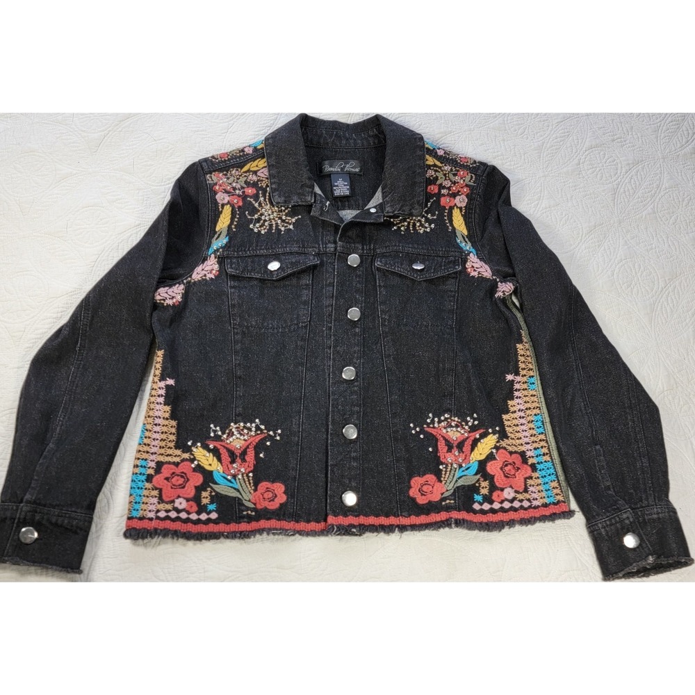 Brandon Thomas Black Floral Embroidered Beaded Collared Jacket Button Size M